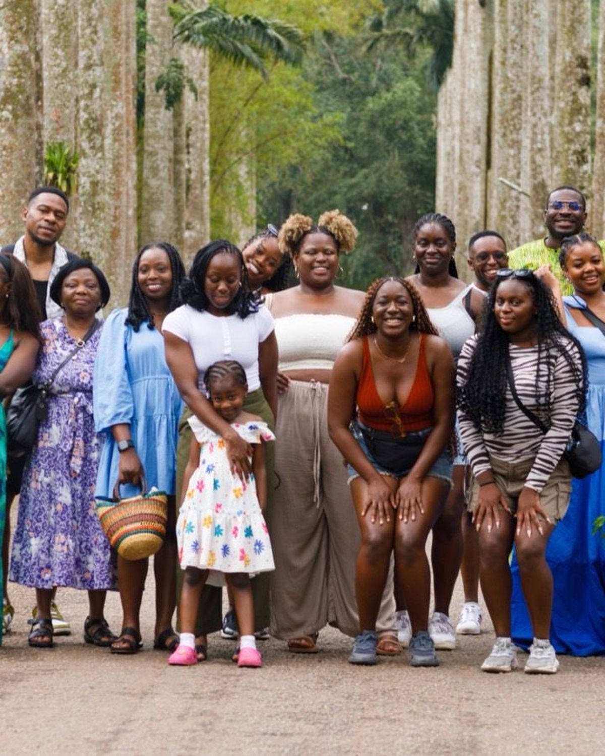 A large group of guests together at Aburi Botanical Gardens
