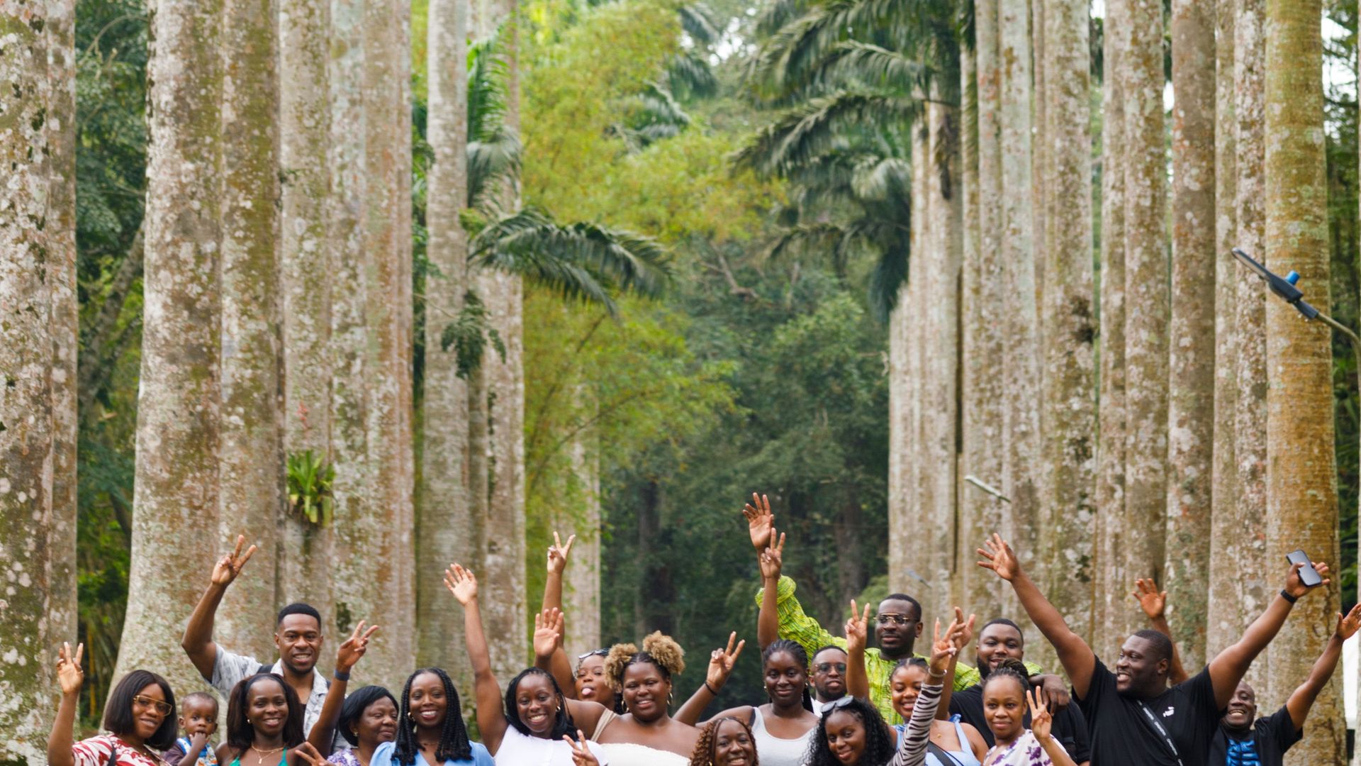 A full group with arms raised under the royal palm avenue at Aburi Botanical Gardens