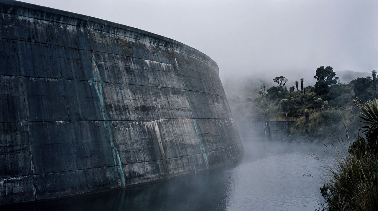 Muro curvo de una presa de concreto en el páramo andino, con niebla sobre el agua y frailejones.