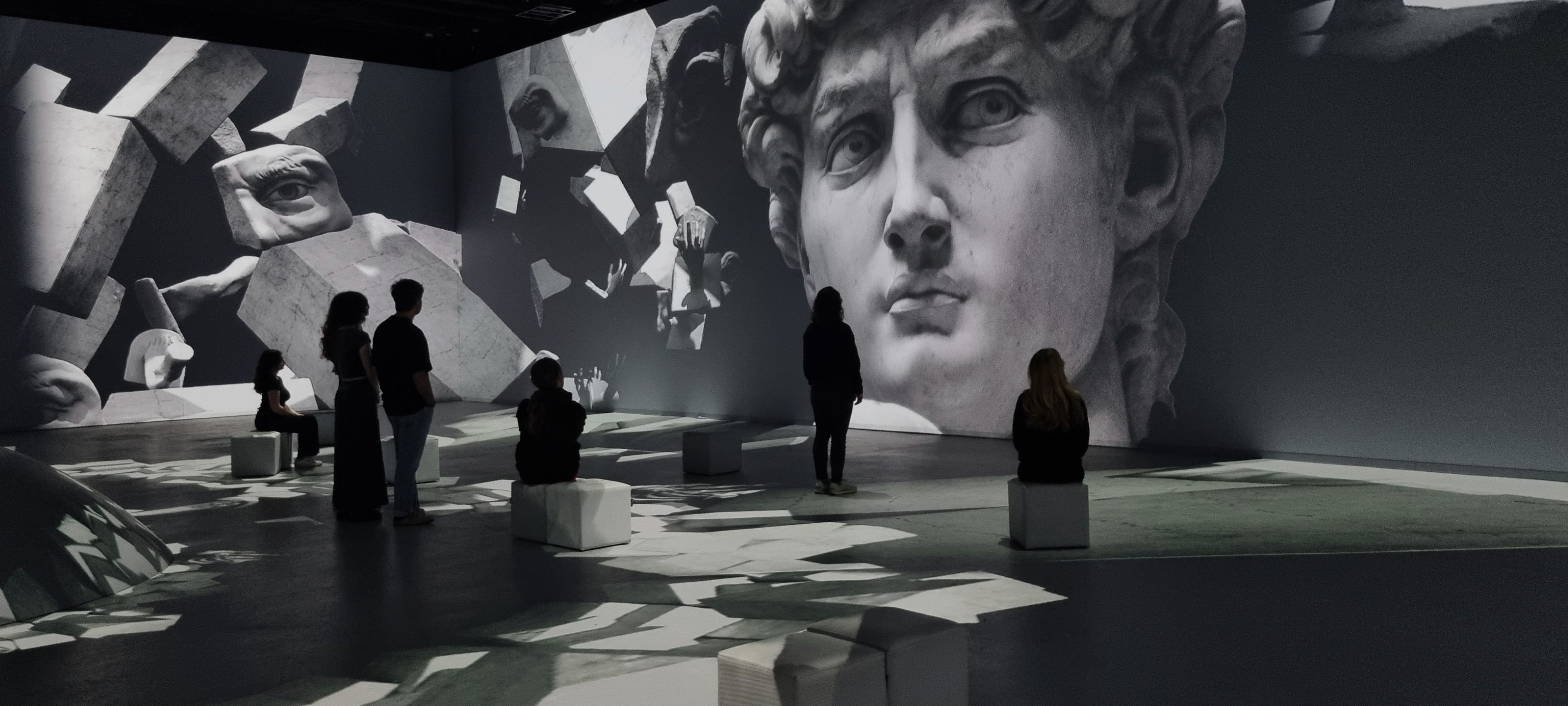 Le David de Michel-Ange projeté en noir et blanc sur les murs de la salle