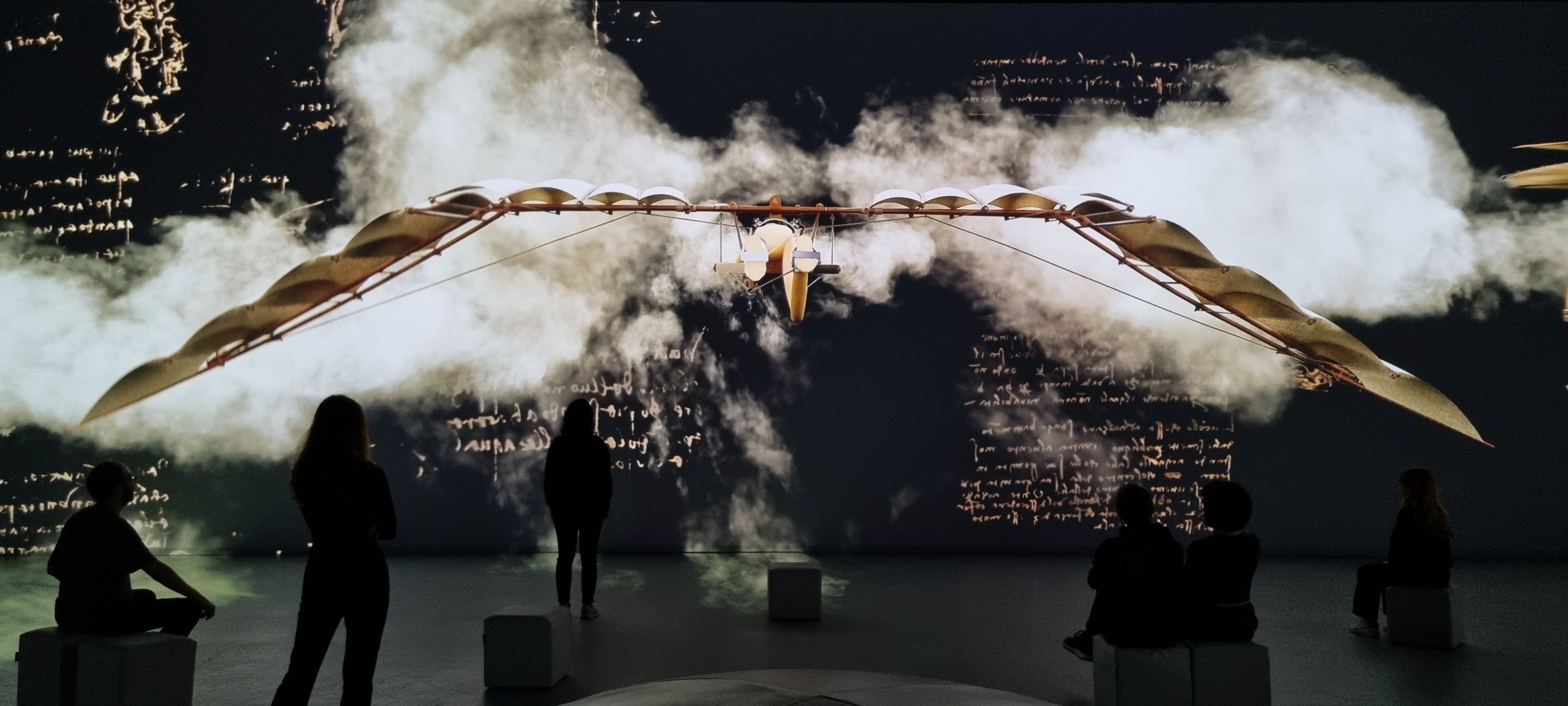 Une machine volante de Léonard de Vinci projetée dans la pénombre de la salle