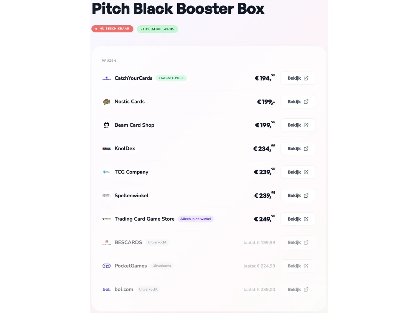 uiteenlopende prijzen voor een Pitch Black Booster Box