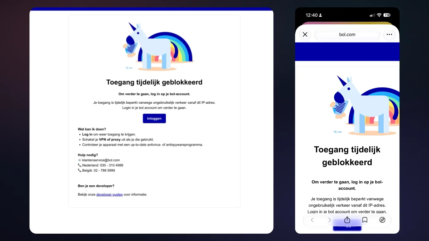 De bol-melding Toegang tijdelijk geblokkeerd, links op de desktop, waar bol adviseert in te loggen en je VPN of proxy uit te zetten, en rechts in de ingebouwde browser van Telegram op een iPhone.