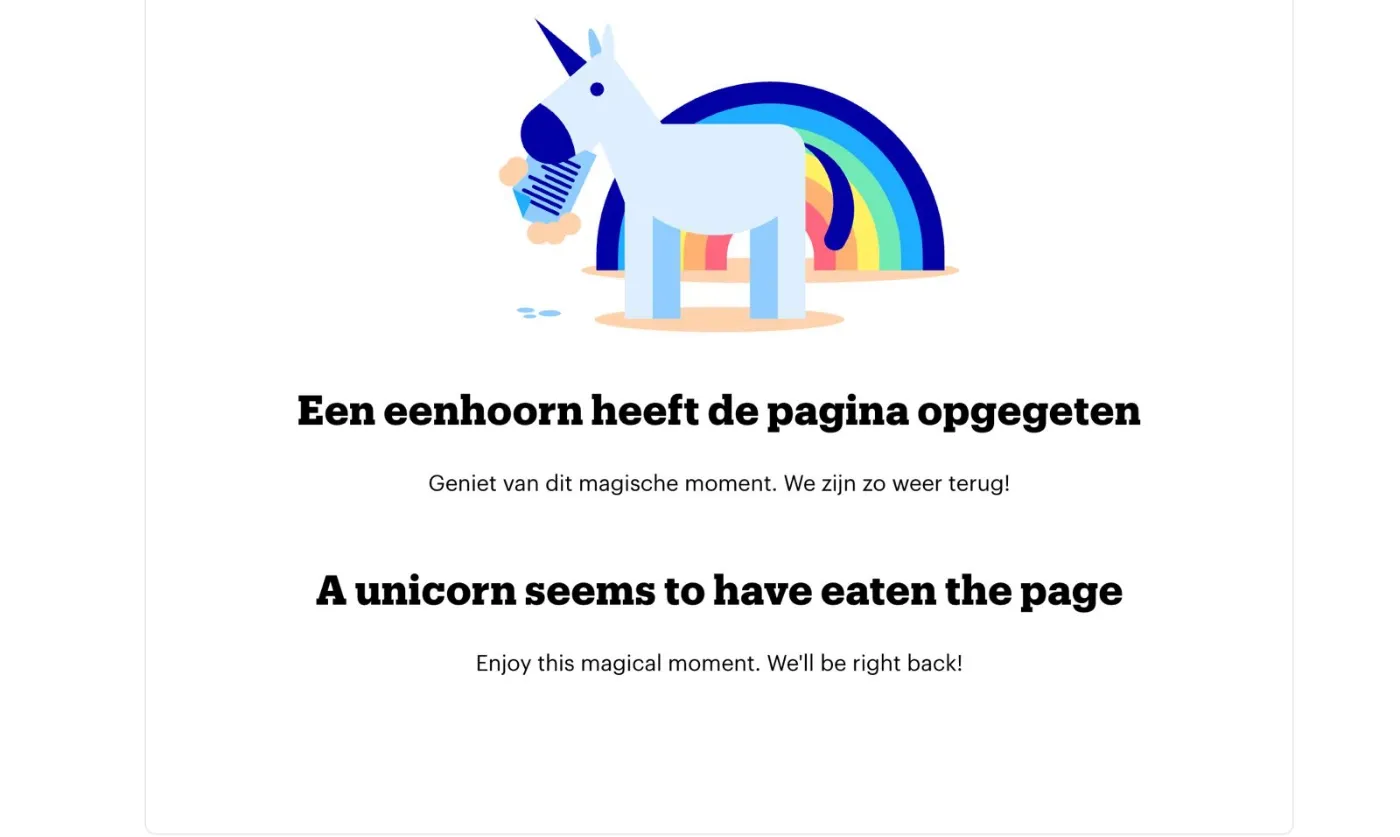 De foutpagina van bol met een eenhoorn en de tekst dat een eenhoorn de pagina heeft opgegeten.