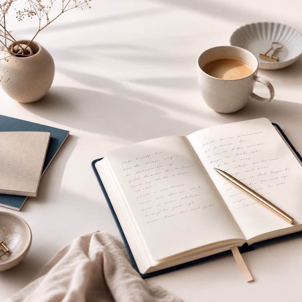 Carnet ouvert et notes de travail sur une table en bois clair