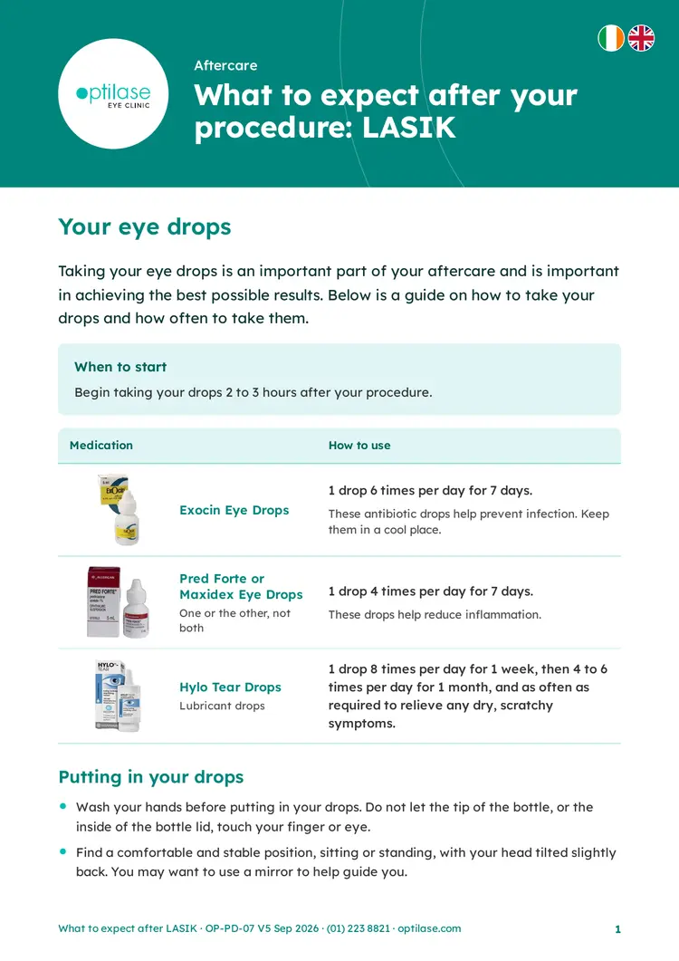 Optilase LASIK aftercare guide with eye drop and medication instructions