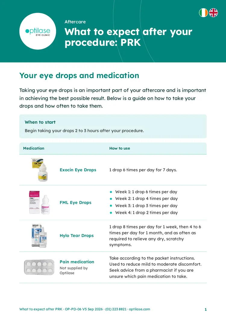 Optilase PRK aftercare guide with eye drop and pain medication instructions