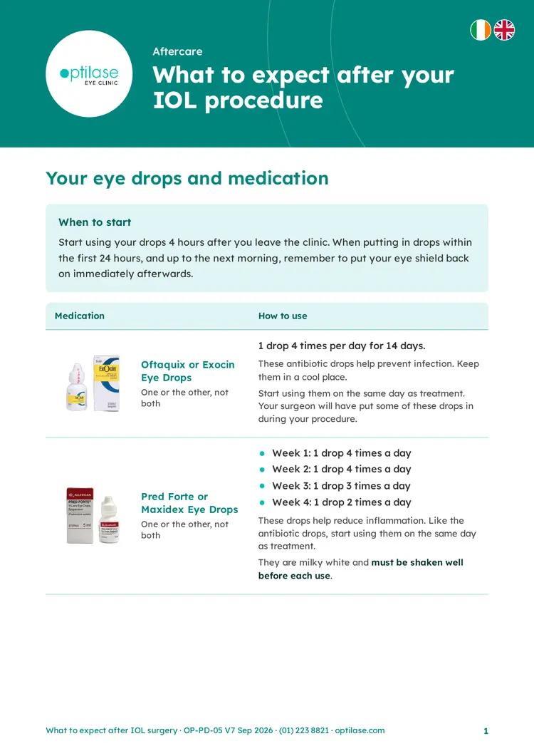 Optilase Phakic IOL aftercare guide with eye drop and medication schedules
