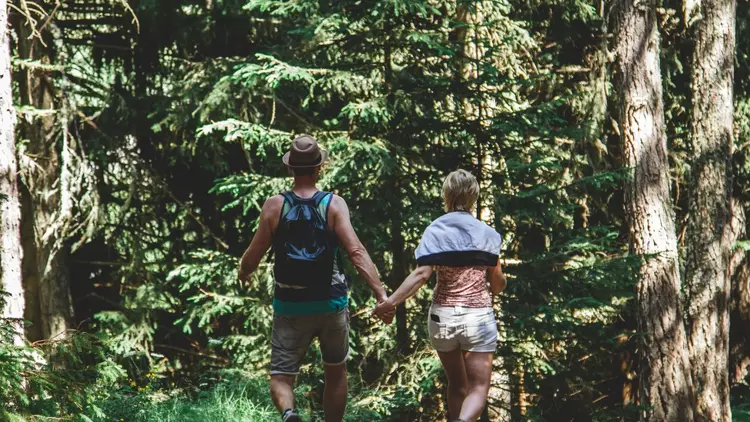 Couple holding hands as they walk a forest trail