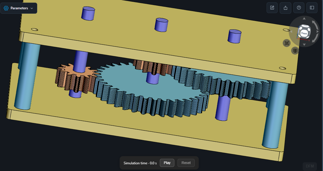3D CAD model of a two-stage spur gear reducer with gears and shafts between two side plates, shown with a simulation Play control