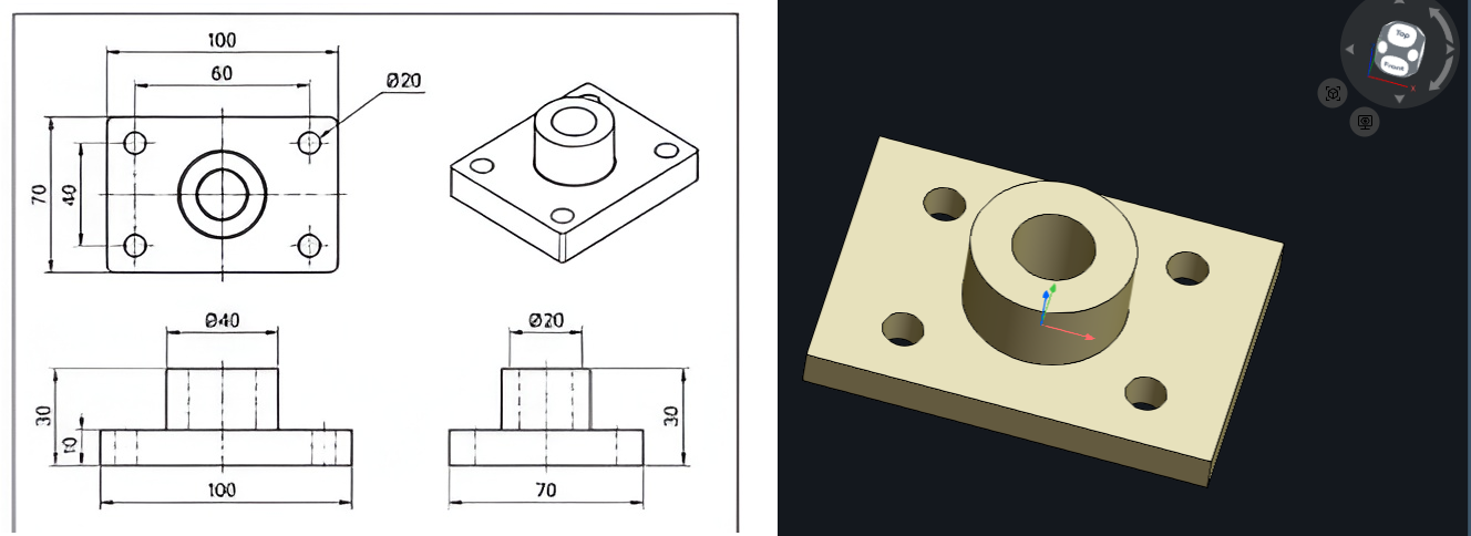2D engineering drawing paired with generated 3D CAD model of a mechanical fixture plate, example for zCAD AI drawing-to-3D workflow