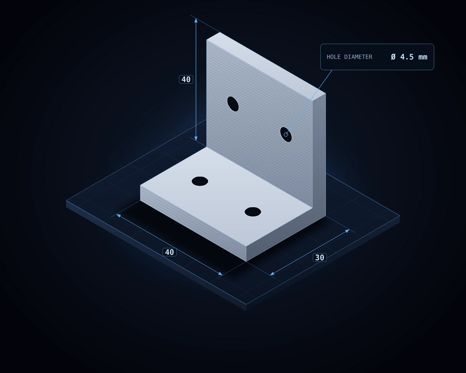Isometric view of an L-shaped mounting bracket with four holes and dimension labels on a 3D printer build plate
