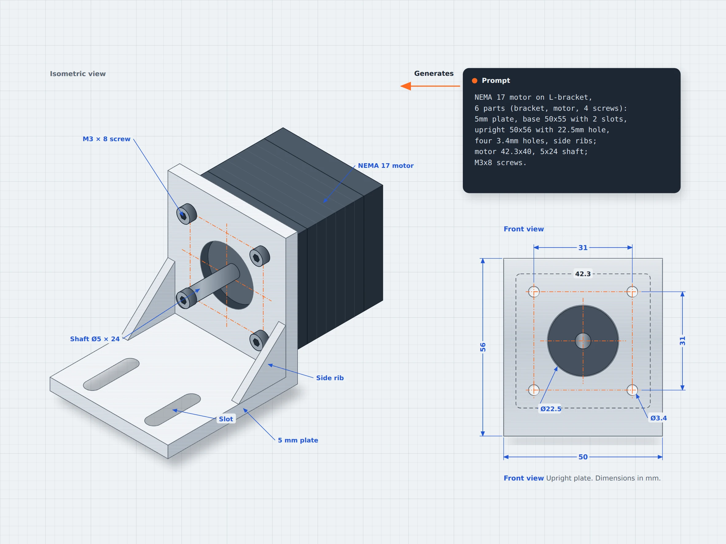 NEMA 17 motor mounted on an L-bracket in a CAD model, with its dimensioned hole pattern and the text prompt that generates it