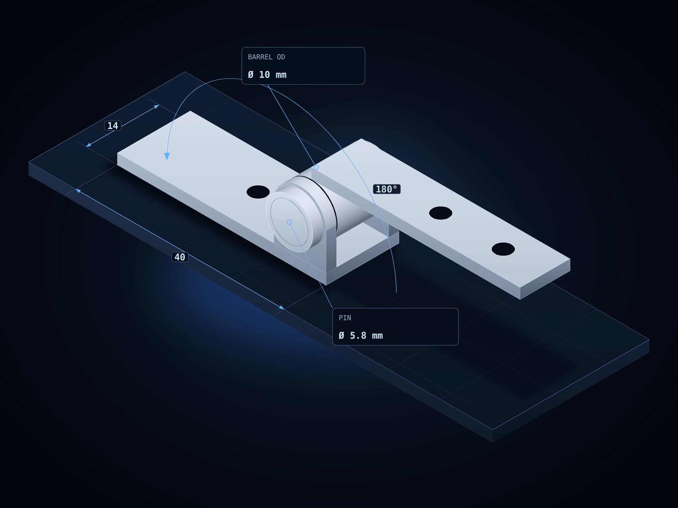 Hinge assembly opened to 180° with base bracket, lid bracket, barrel and hinge pin, labeled with pin and barrel diameters