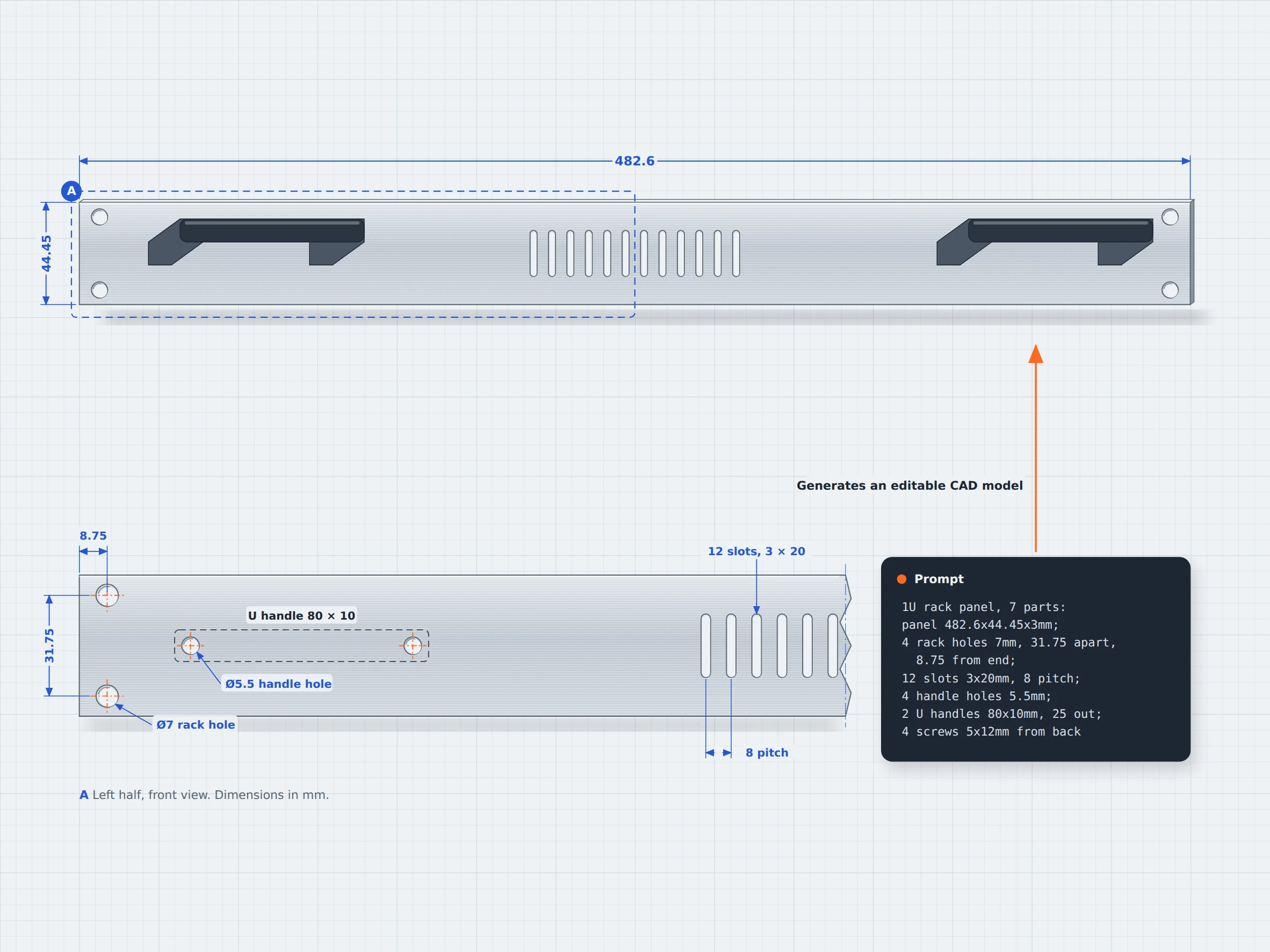 1U rack panel CAD model with mounting holes, vent slots and U handles, with a dimensioned detail and its text prompt