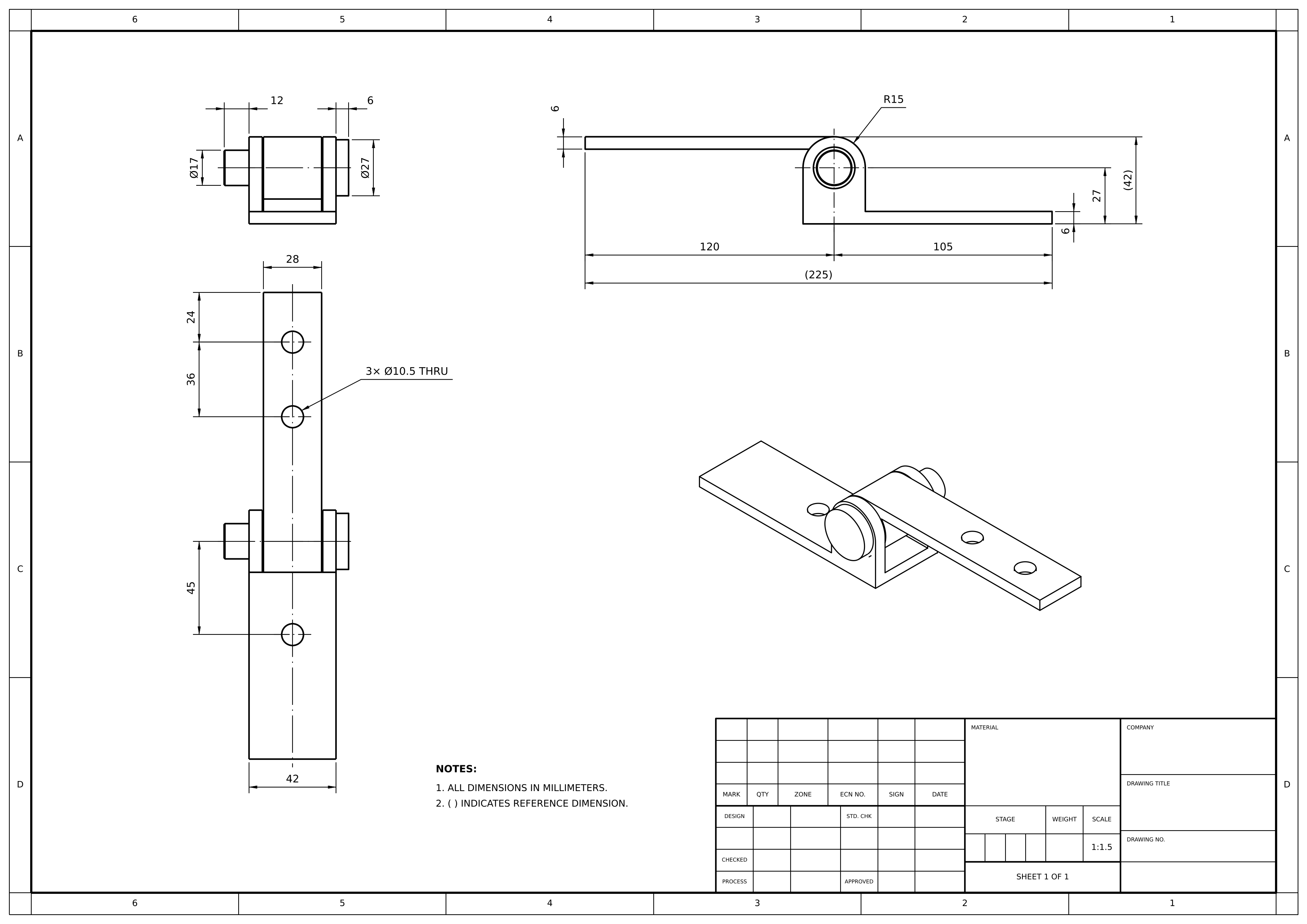 Laptop hinge assembly engineering drawing with dimensions and isometric view