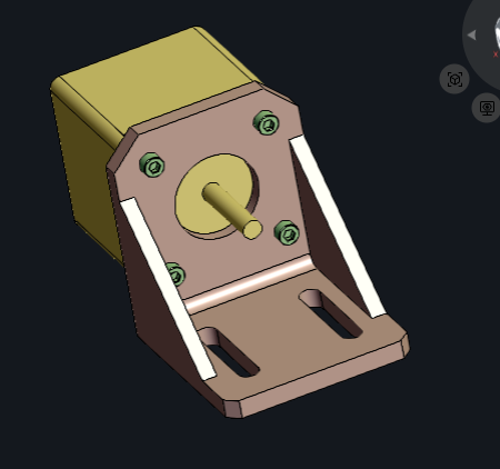 CAD model of a NEMA 17 stepper motor mounted on an L-bracket with four screws, mounting holes, base slots, and side support ribs.