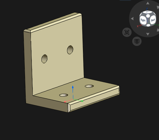 L-shaped mounting bracket with two mounting holes on each plate, shown in a 3D CAD viewport