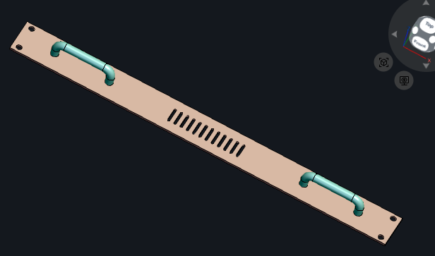 1U rack panel CAD model with mounting holes, vent slots and U handles, with a dimensioned detail and its text prompt
