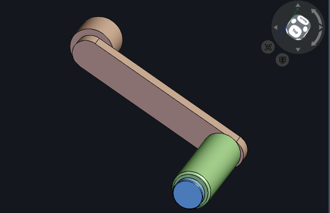 Three-part crank handle replacement CAD model with a rounded arm, fixed pin, rotating grip, and top cap.