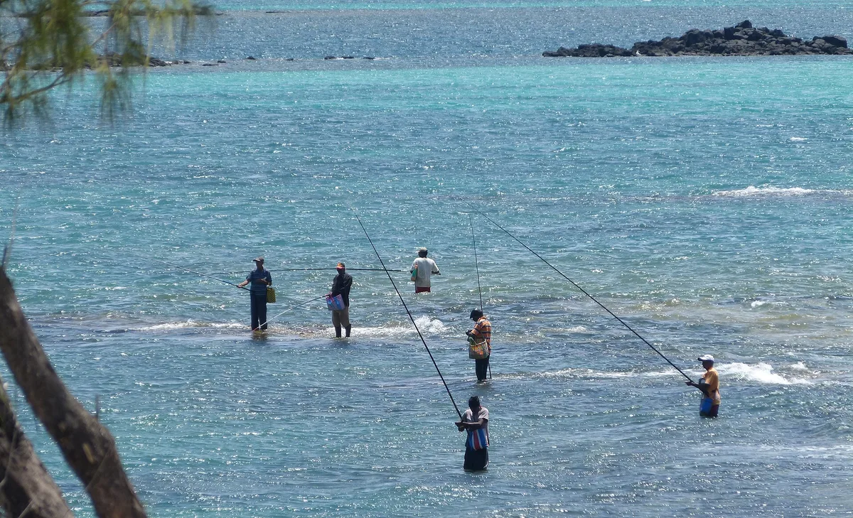 Pêcheurs à la ligne dans l’eau jusqu’à la taille sur le platier de la côte nord