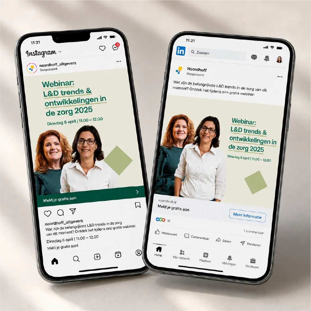 Instagram- en LinkedIn-advertentie voor Noordhoff weergegeven op twee smartphones