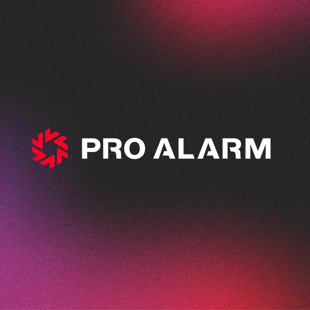 Portfoliovoorbeeld: logo-ontwerp Pro alarm in huisstijlkleuren