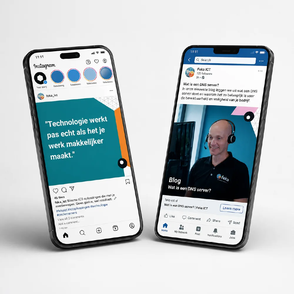 Instagram- en Facebook-posts voor Feka ICT weergegeven op twee smartphones