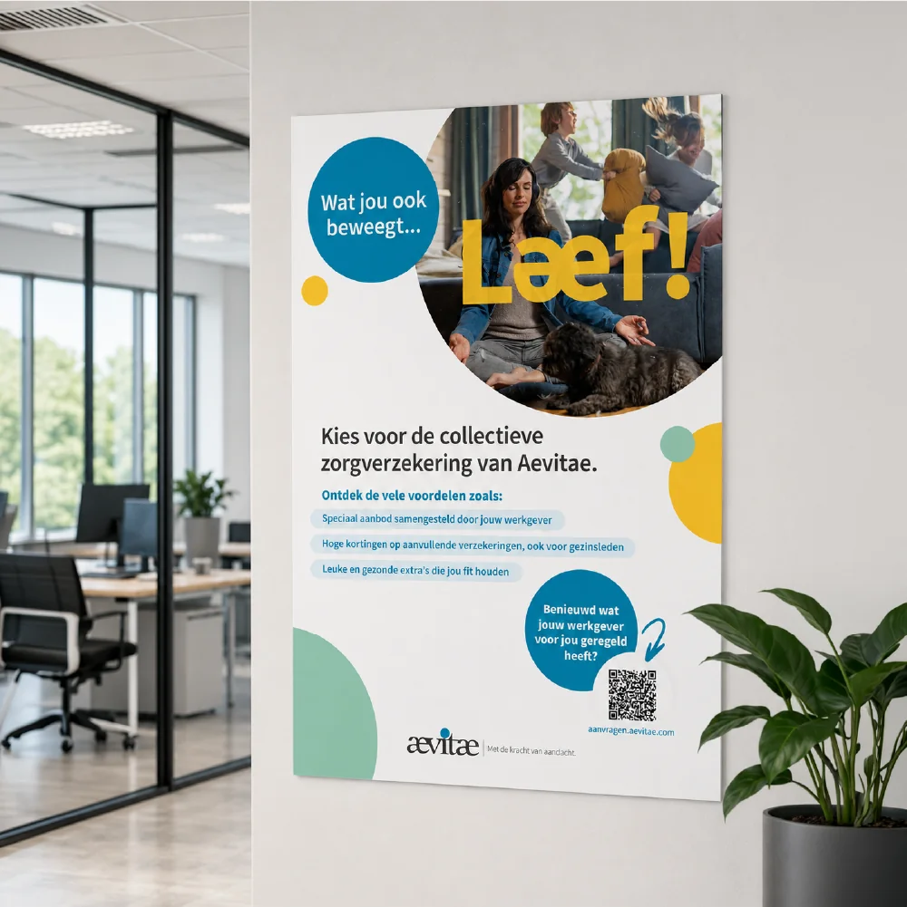 een poster voor de collectieve zorgverzekering, gemaakt voor de campagne 'Laef' van Aevitae