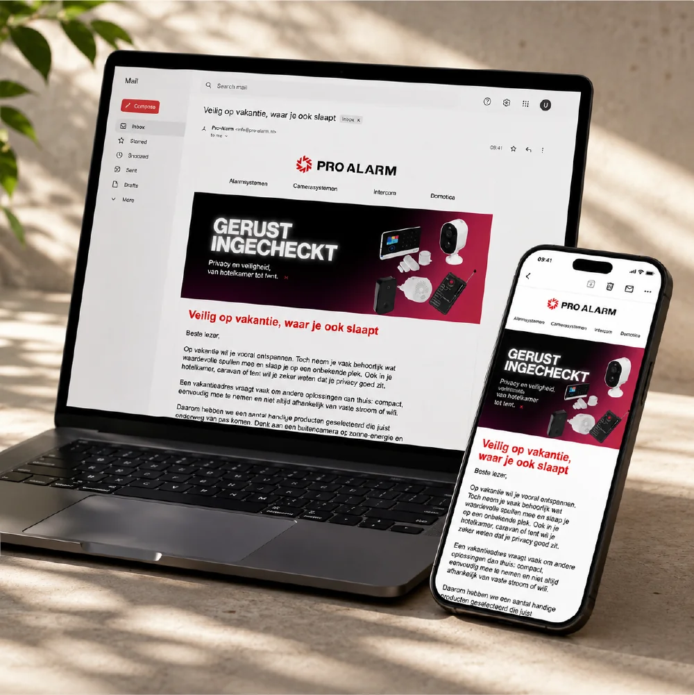 een e-mail voor Pro alarm op een laptop naast een smartphone