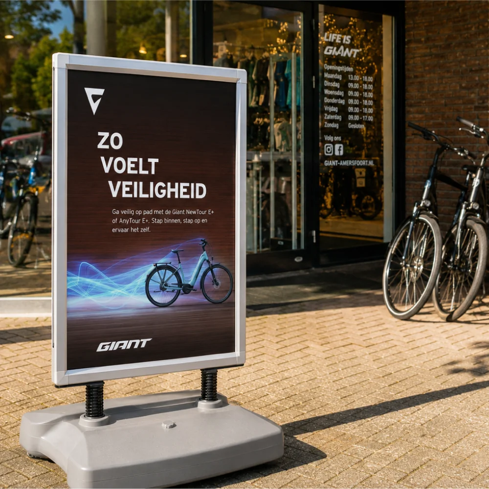 Stoepbord mock-up met poster voor de e-bikecampagne van Giant