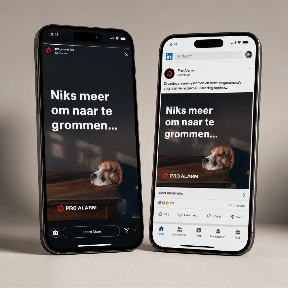 Instagram Story-advertentie en LinkedIn-advertentie voor Pro alarm op twee smartphones