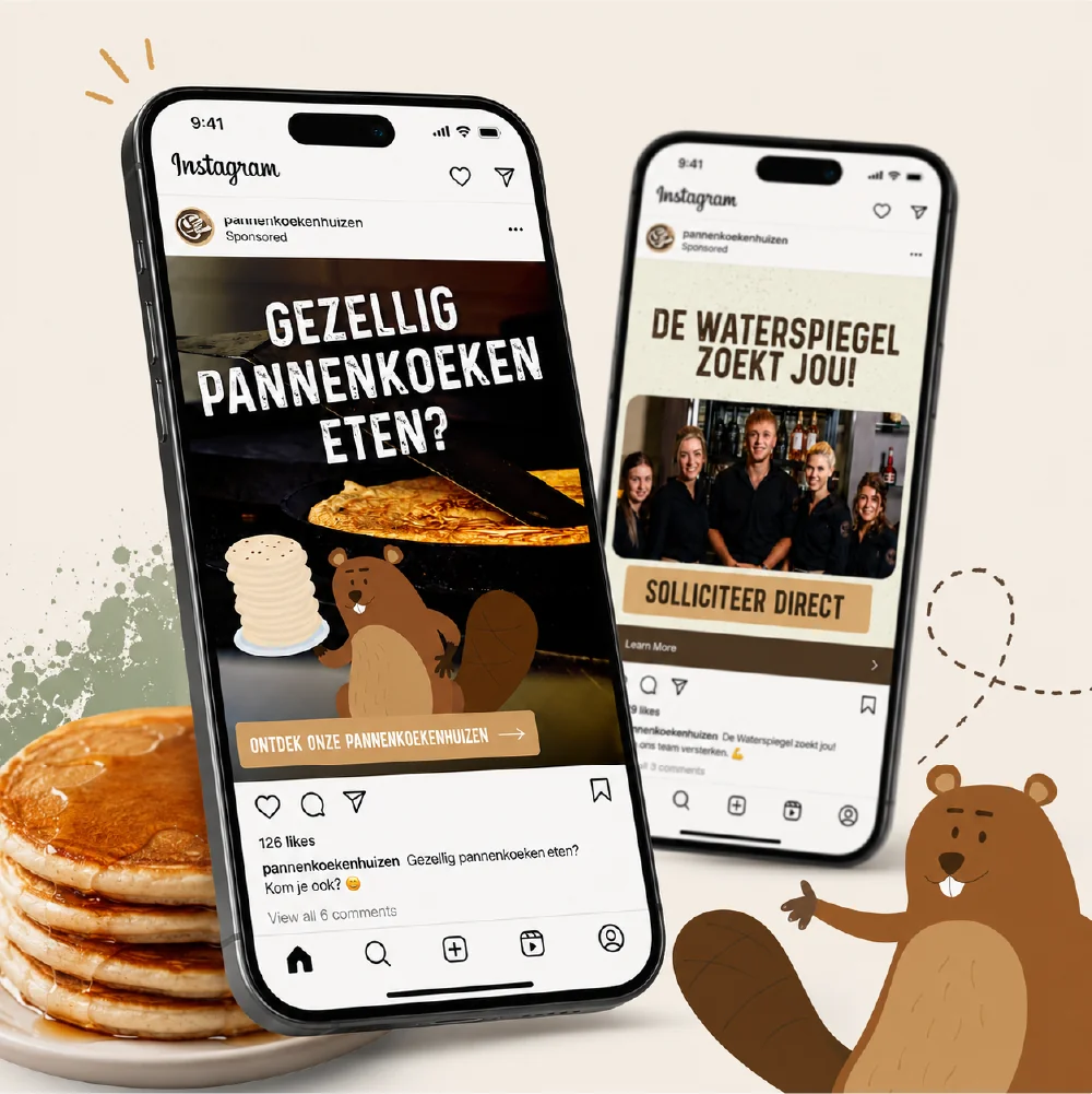 Instagram-post met uitnodiging om te komen eten en vacatureadvertentie op twee smartphones