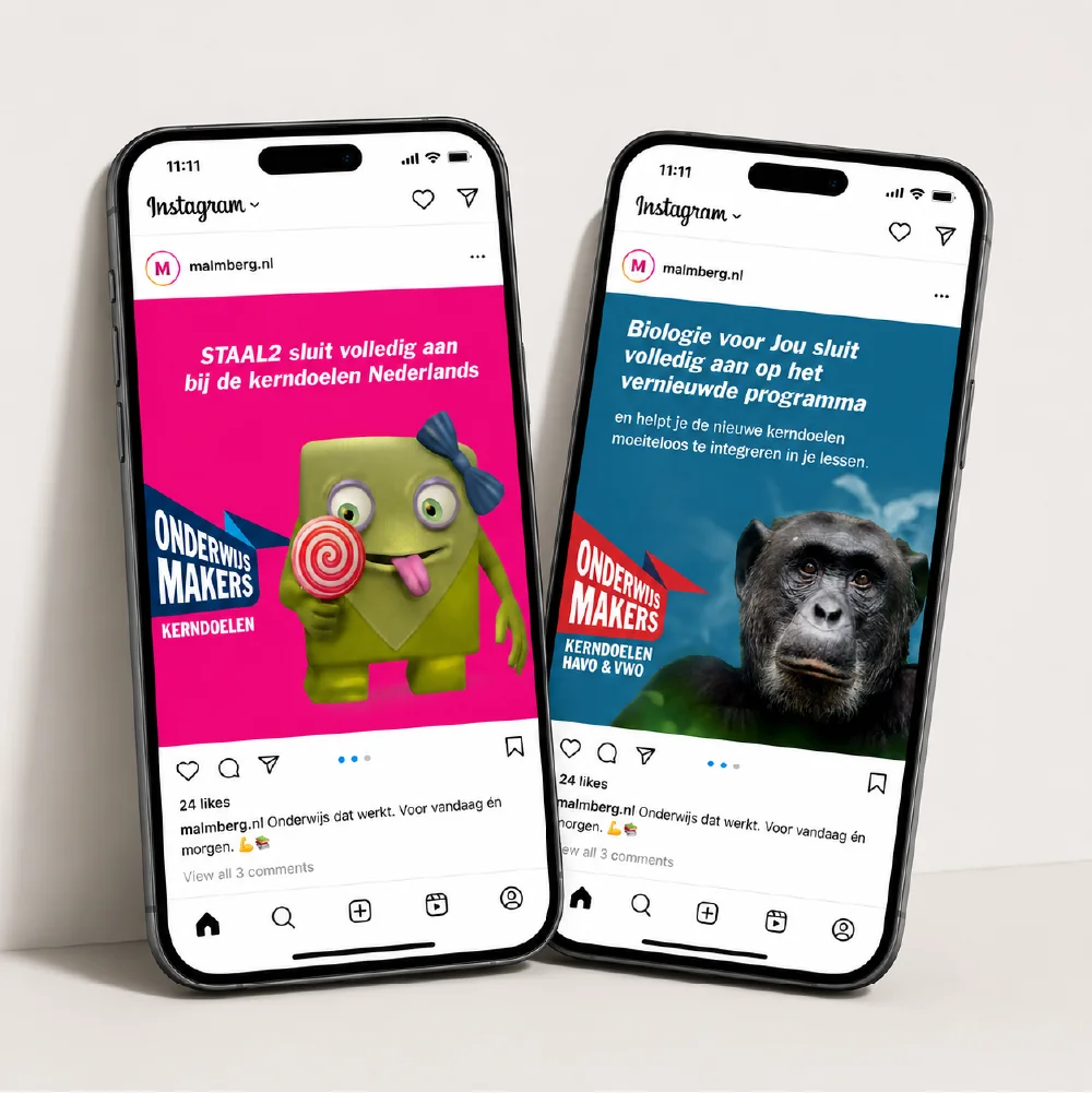 Instagram-posts voor de campagne Onderwijsmakers Kerndoelen van Malmberg op twee smartphones
