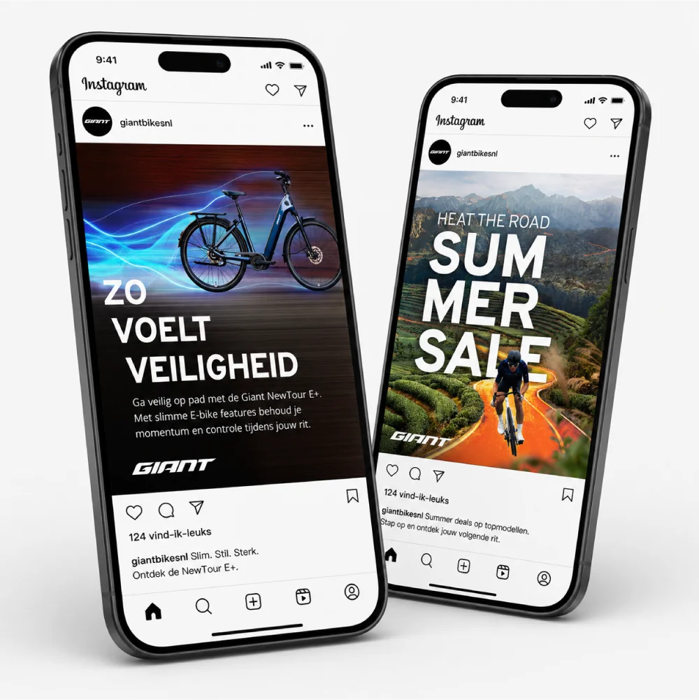 Instagram-posts voor de Heat the Road- en e-bikecampagne van Giant op twee smartphones