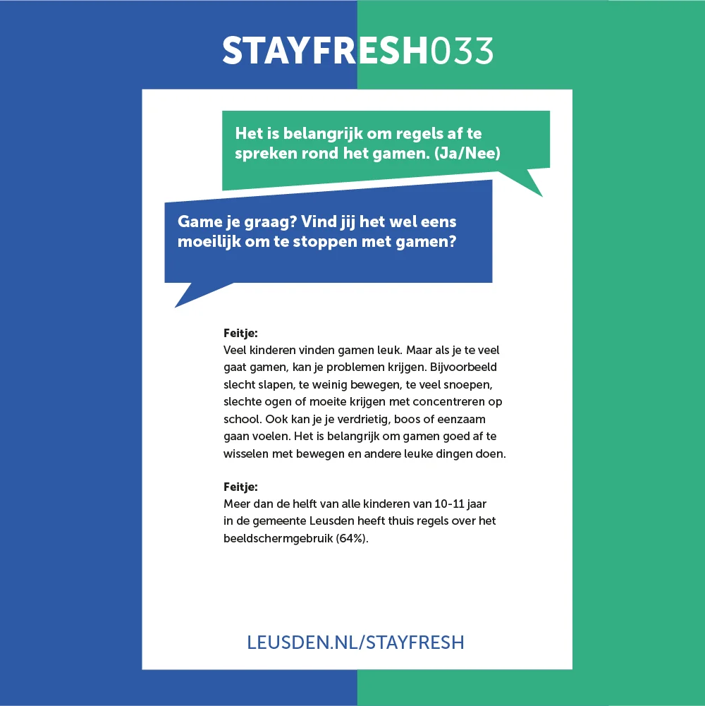 Poster voor de Stay Fresh-campagne van Gemeente Leusden over het gesprek aangaan over gamen
