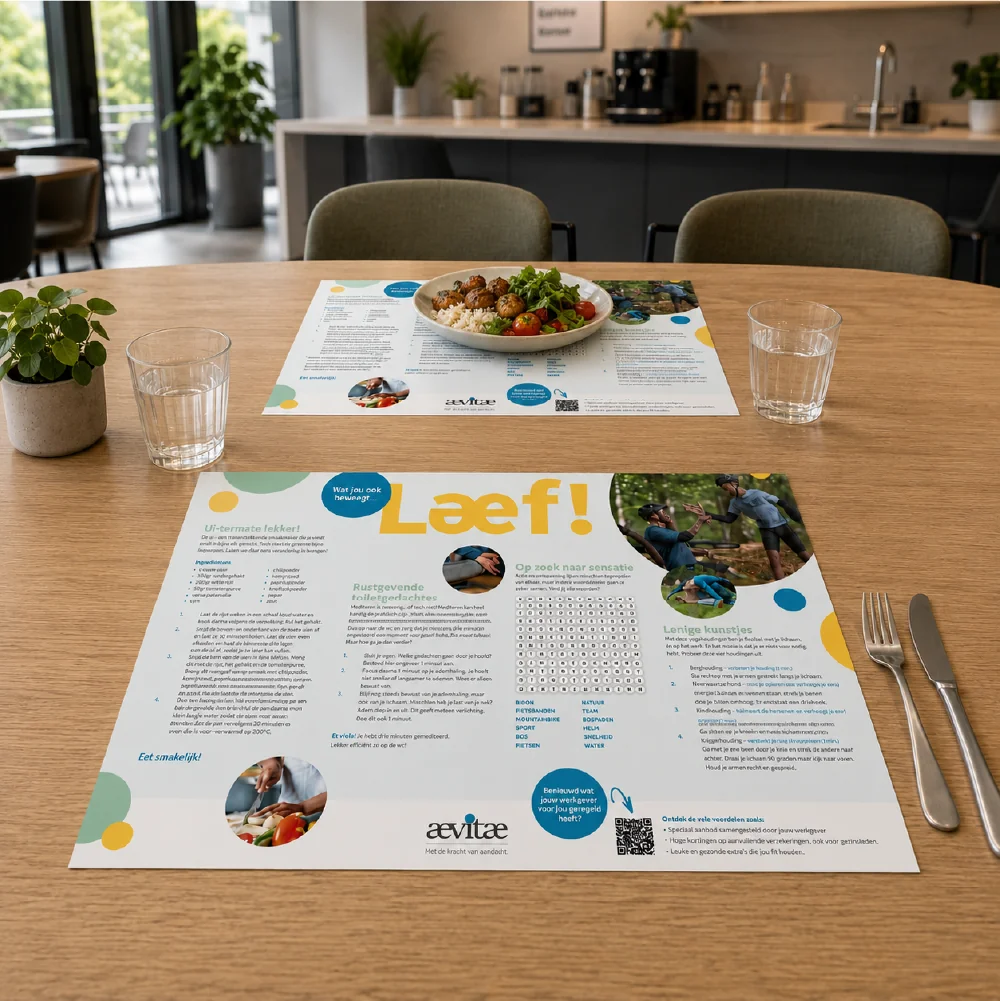 Placemats met puzzel, gemaakt voor de campagne 'Laef' van Aevitae