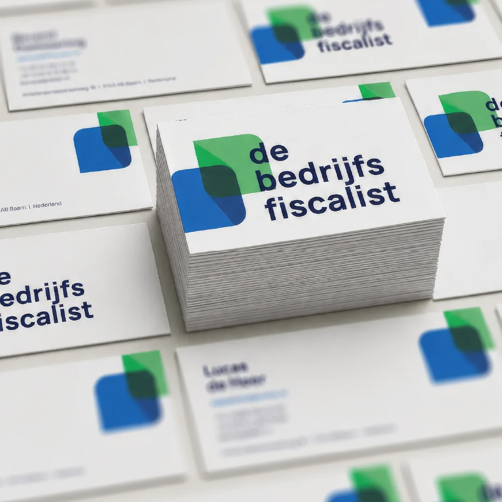 Mockup van visitekaartjes met huisstijl van De bedrijfsfiscalist