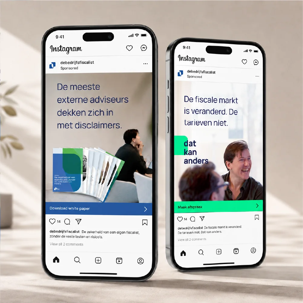 Twee smartphones met Instagram-advertenties voor De bedrijfsfiscalist