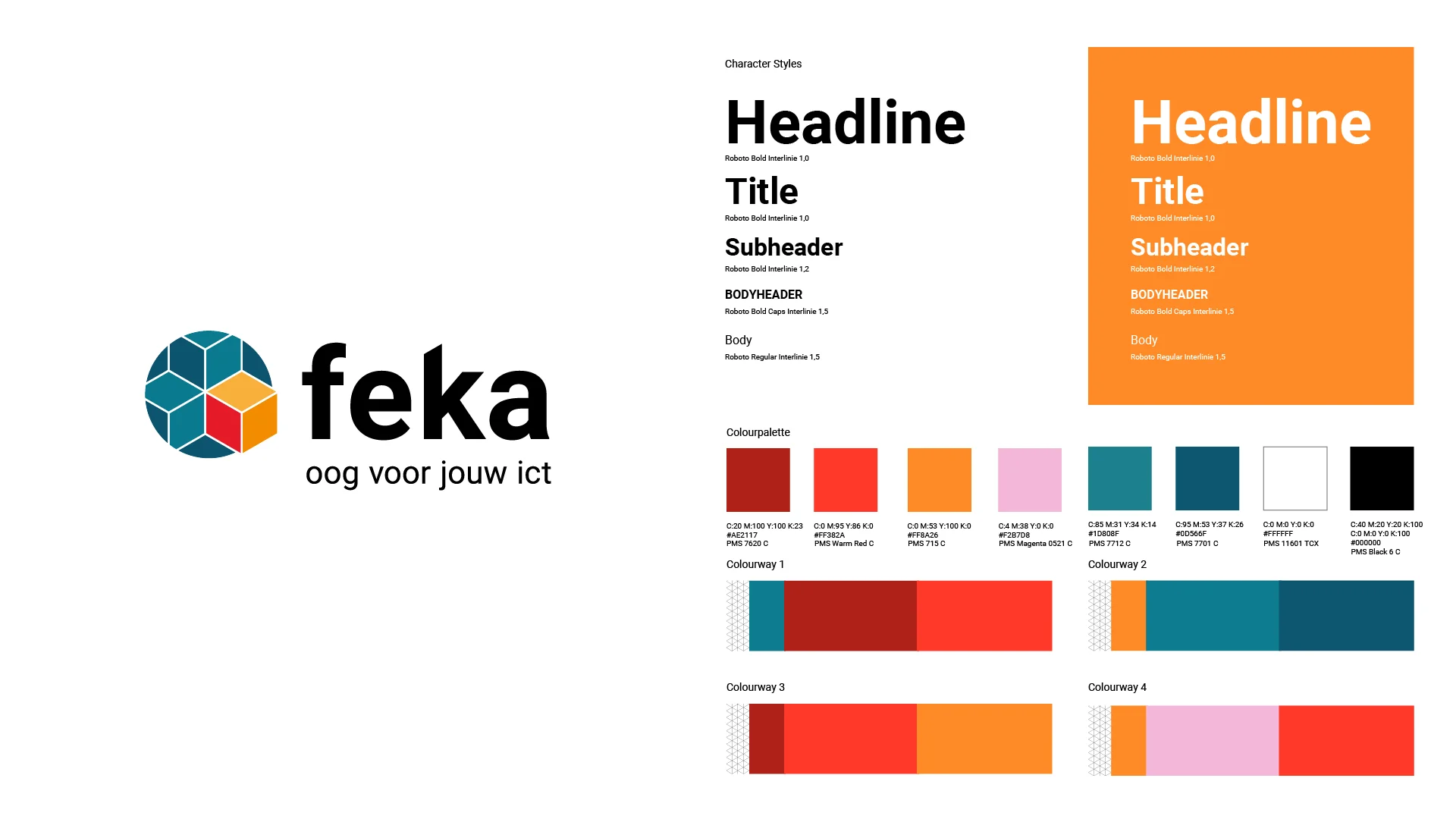 Huisstijlsheet met logo, kleuren en typografie voor Feka ICT