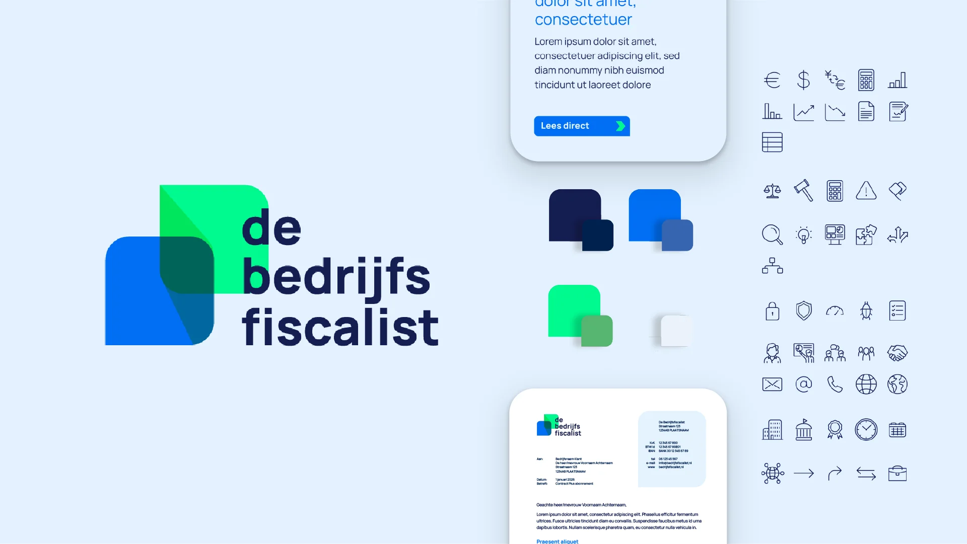 Huisstijlsheet met logo, kleuren en iconen voor De bedrijfsfiscalist
