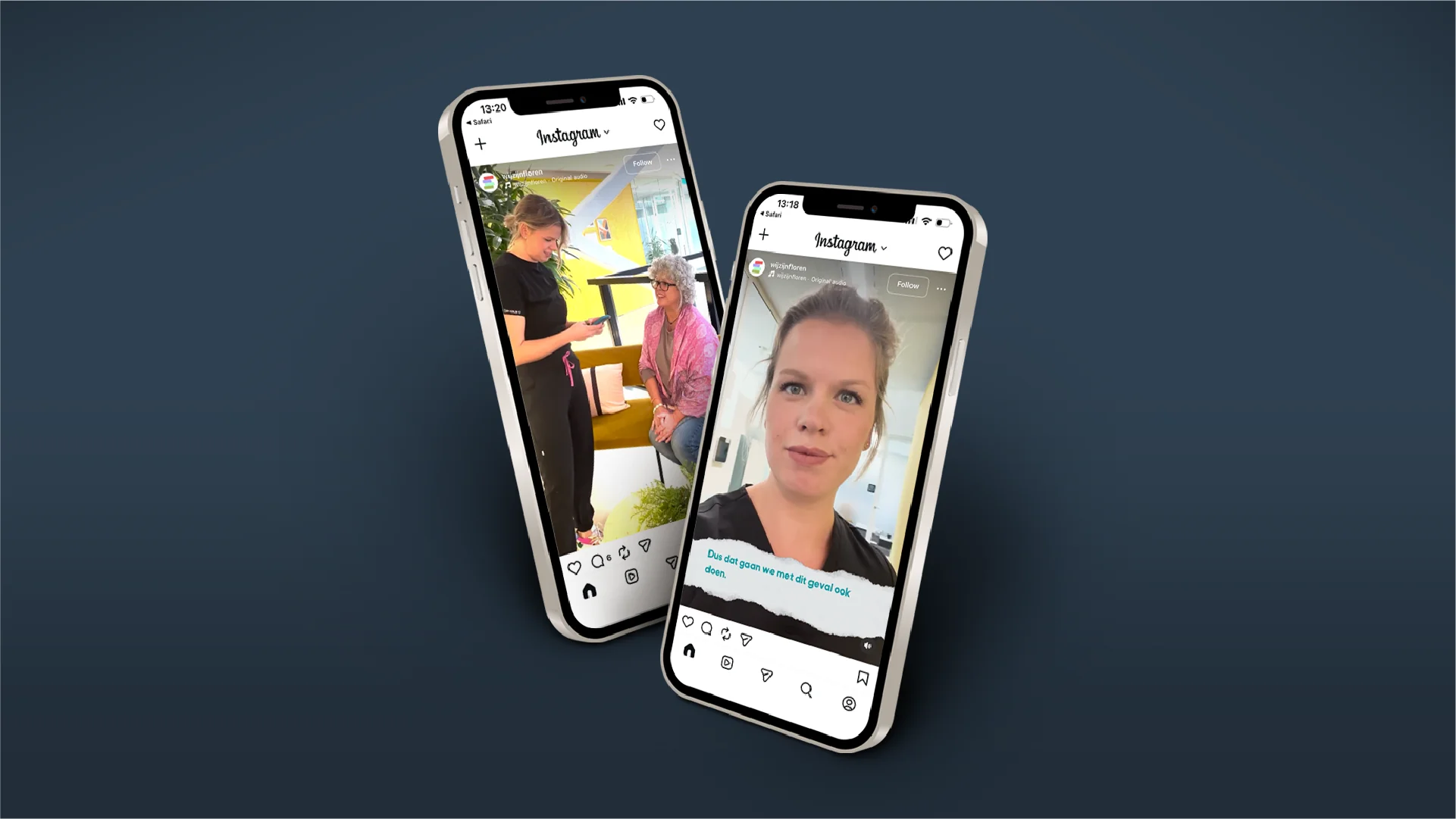Instagram Reels voor Noordhoff weergegeven op twee smartphones
