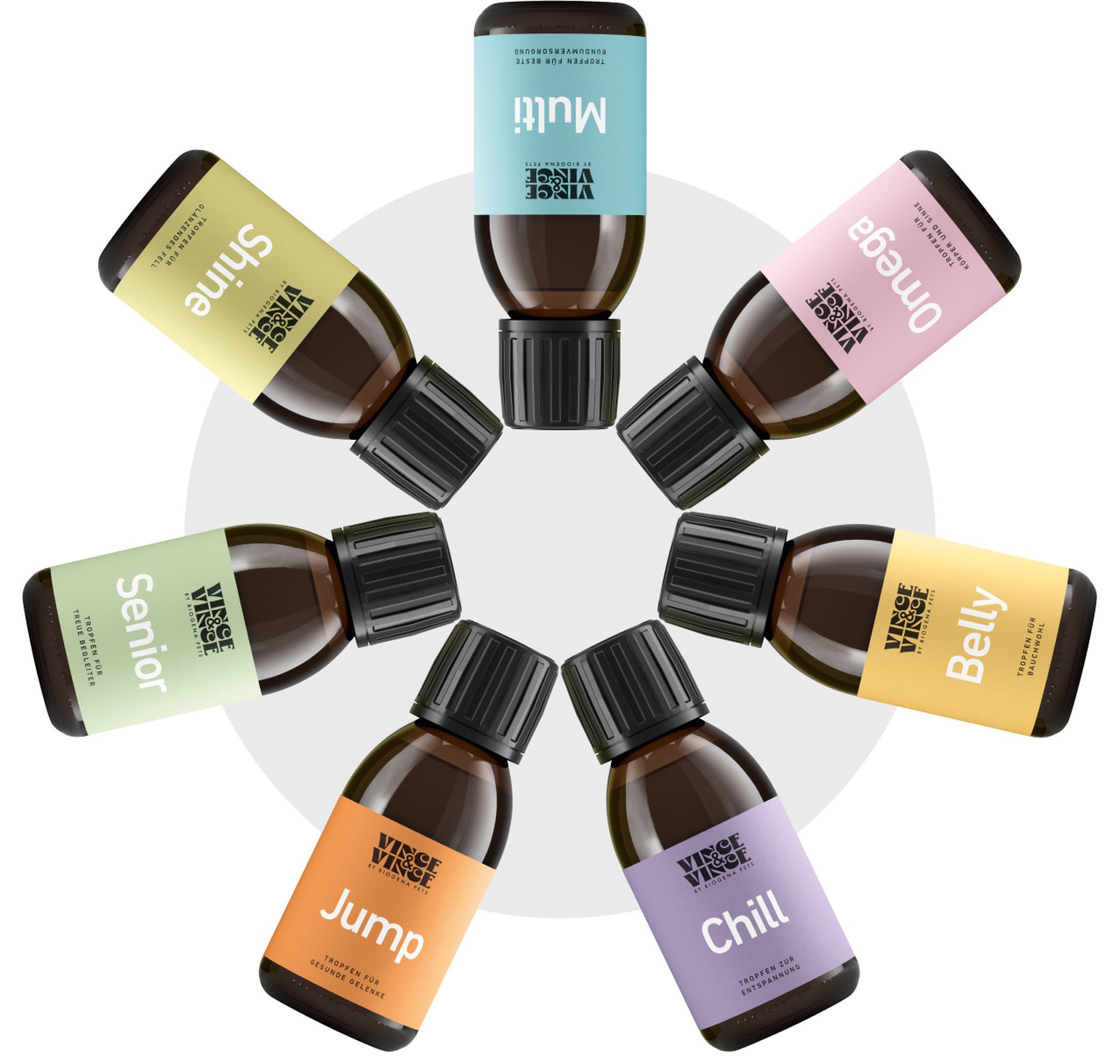 Sieben VINCE & VINCE-Tropfen, die in einem Kreis angeordnet sind und jeweils mit Namen wie „Shine”, „Chill” und „Jump” beschriftet sind, vor einem hellen Hintergrund.