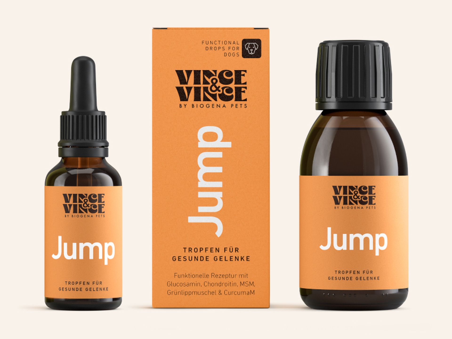 Zwei Flaschen und eine Schachtel Vince & Vince „Jump“ Tiernahrungsergänzungsmittel für gesunde Gelenke mit orange-schwarzem Branding.