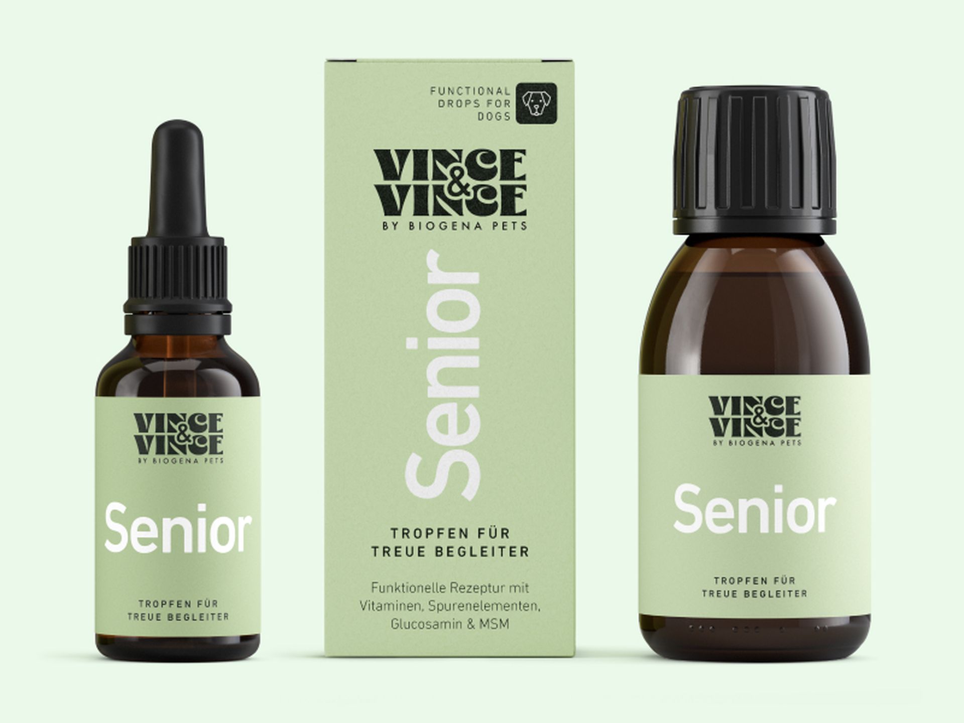 Zwei Flaschen und eine Schachtel mit der Aufschrift „Senior“ von Vince & Vince by BIOGENA PETS, für Hunde bestimmt. Der Hintergrund ist hellgrün.