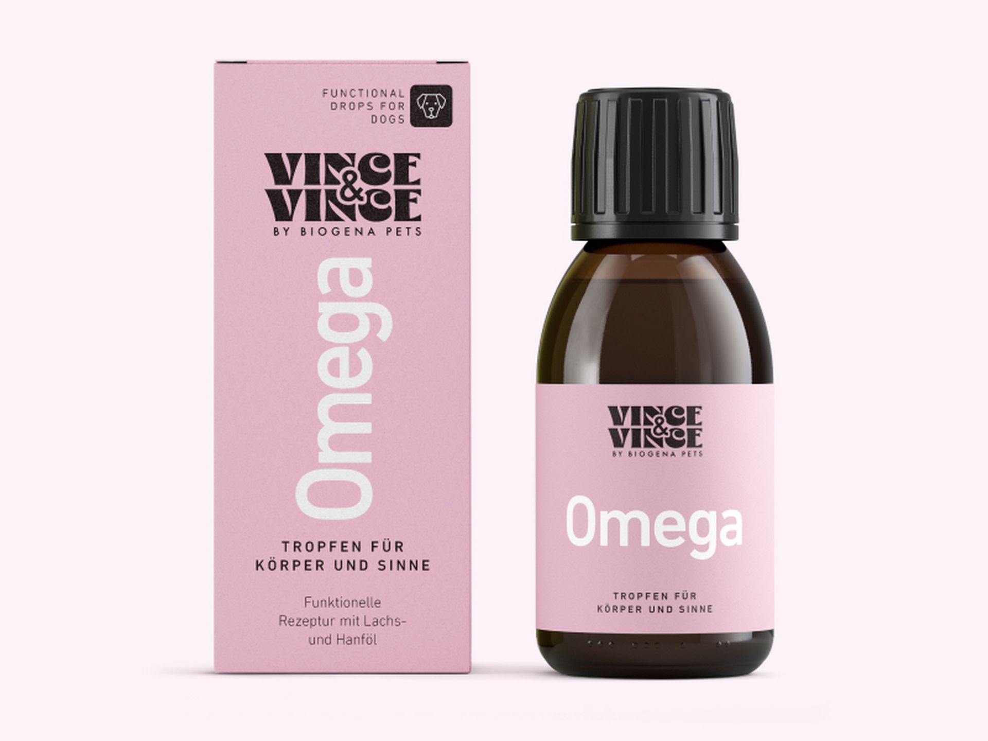 Rosa-braune Verpackung für Vince & Vince Omega Tropfen für Hunde, mit dem Schriftzug „Tropfen für Körper und Sinne” auf der Schachtel und der Flasche.