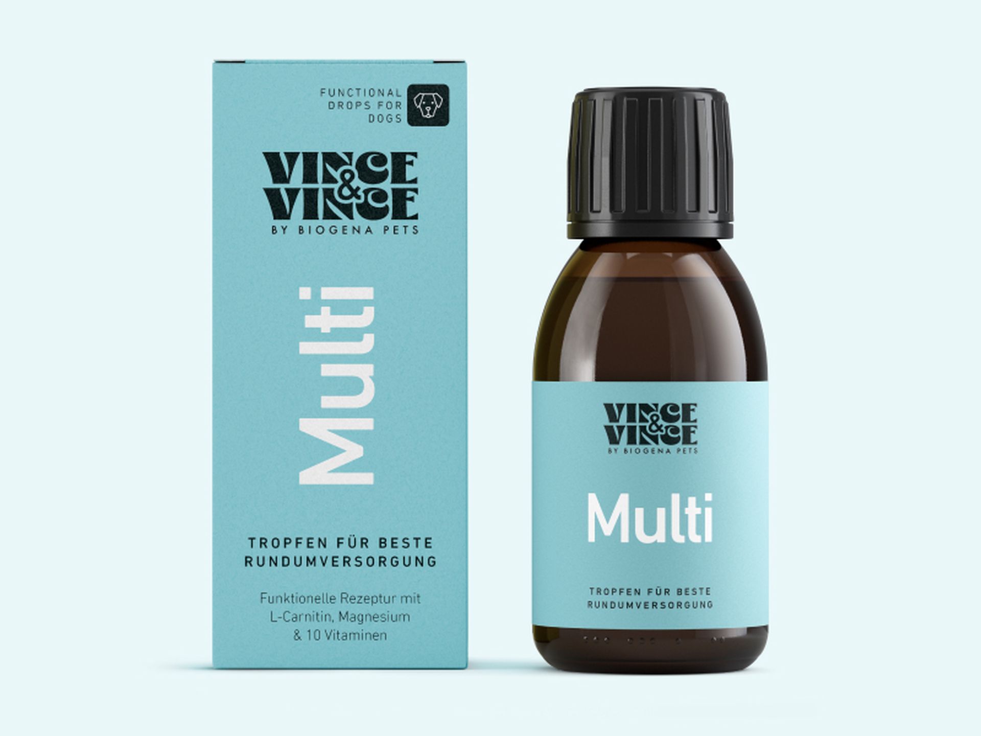 Eine Flasche Vince & Vince Multivitamintropfen für Hunde neben ihrer blauen Verpackung, auf der Inhaltsstoffe wie L-Carnitin und Magnesium angegeben sind.