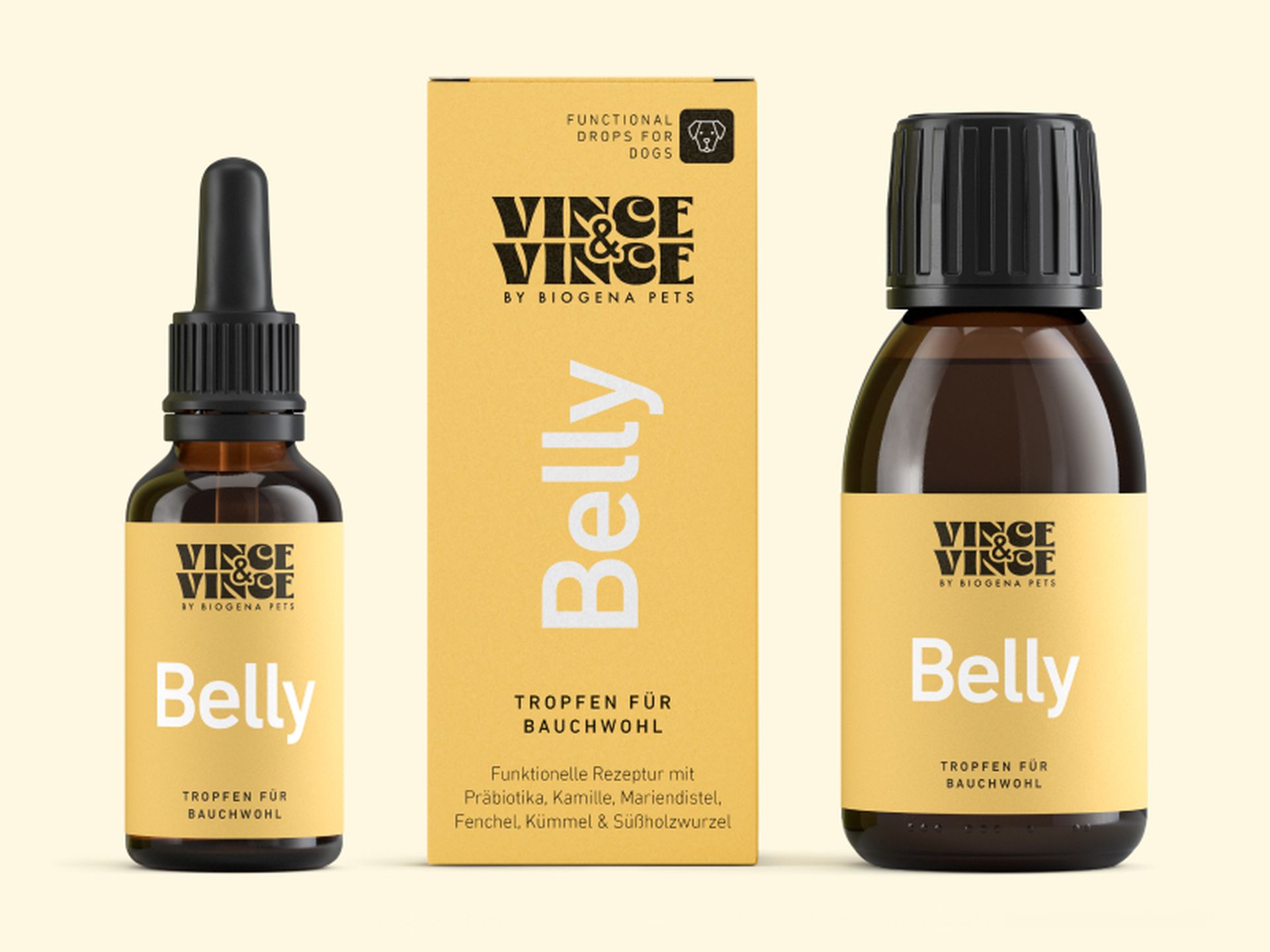 Flaschen und Verpackungen der Vince & Vince „Belly”-Tropfen für Hunde mit gelben Etiketten und schwarzer Schrift in minimalistischem Stil.