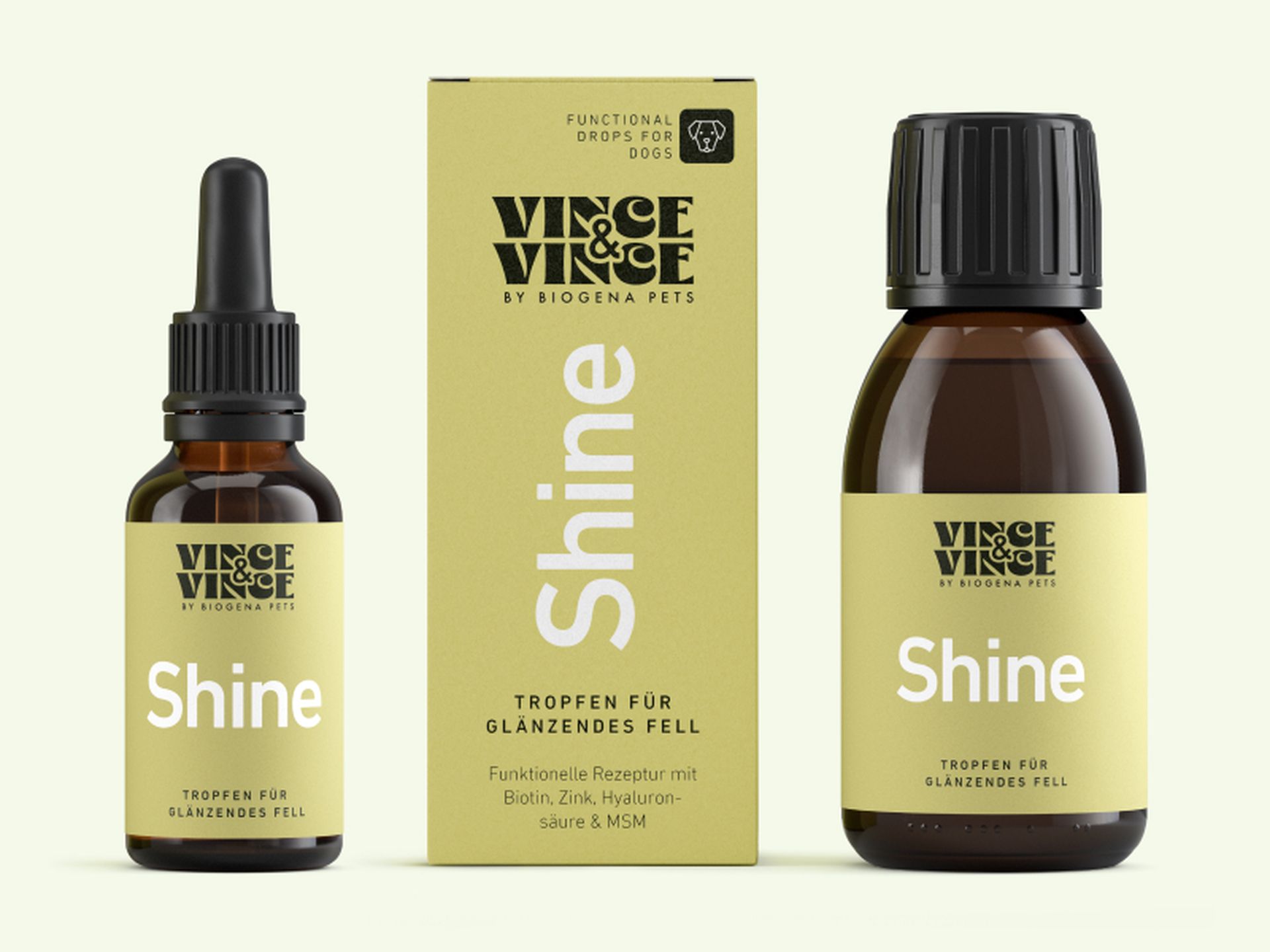 Zwei Flaschen und eine Schachtel mit Haarpflegetropfen für Haustiere der Marke „Shine” von Vince & Vince. Braune Behälter mit schwarzen Verschlüssen auf hellem Hintergrund.