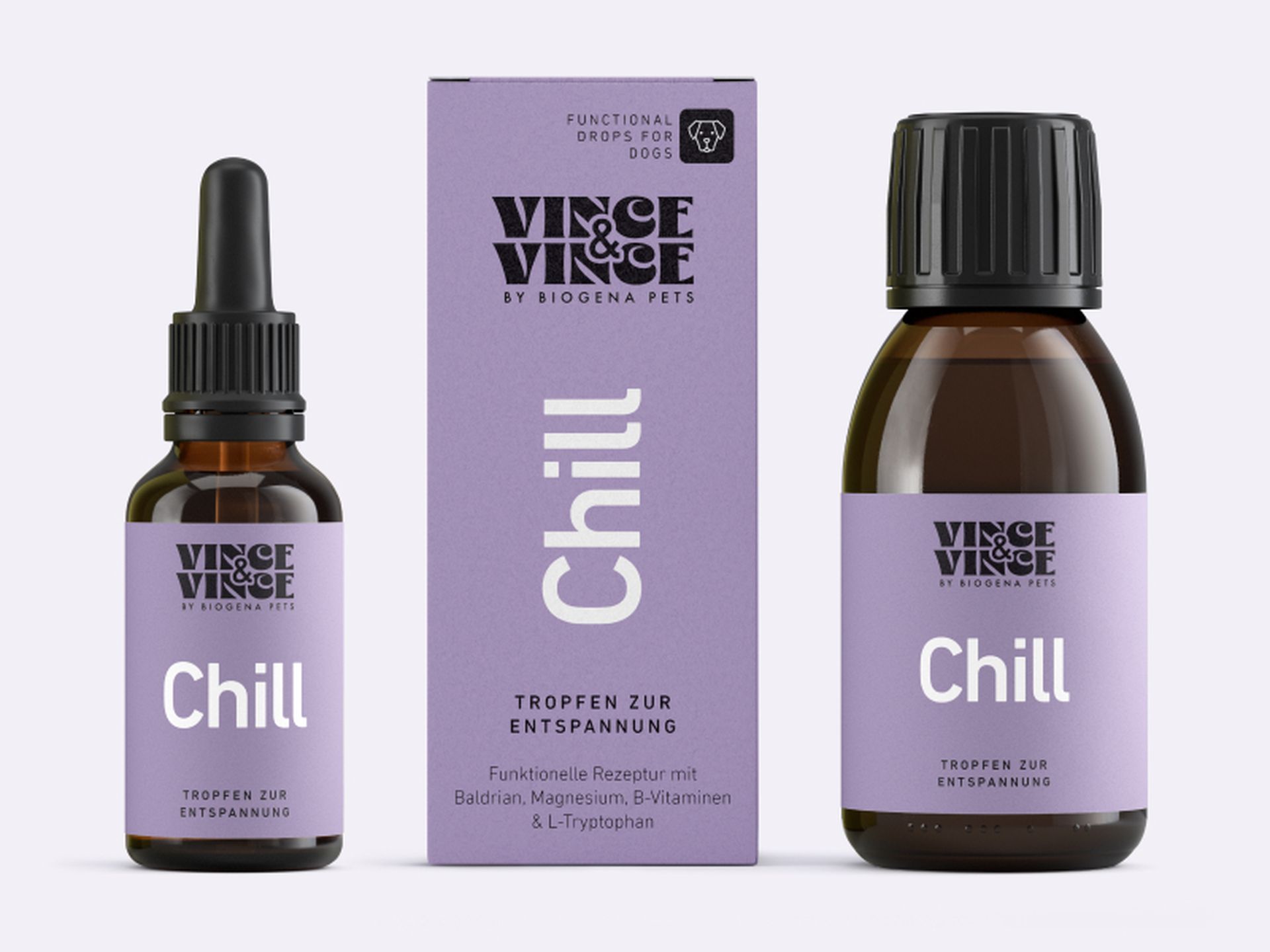Drei Flaschen Vince & Vince Chill Entspannungs-Tropfen für Haustiere mit violetten Etiketten, darunter eine Tropfflasche, ein kleines Glas und eine Schachtel.